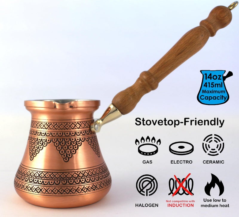 DEDE Copper - PCZ Series (Large-14fl.oz) - Thickest Solid Copper Engraved/Hammered Turkish Greek Arabic Coffee Pot with Wooden Handle, Stovetop Coffee Maker Cezve, Jezve, Jazva, Ibrik, Briki (Matte) - Image 2
